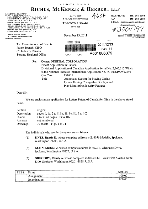 Document de brevet canadien 2762073. Cession 20111213. Image 1 de 4