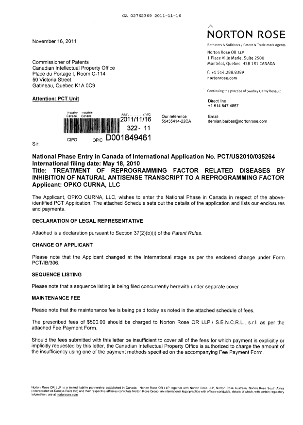 Document de brevet canadien 2762369. Cession 20111116. Image 1 de 6