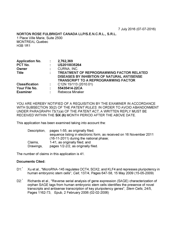 Document de brevet canadien 2762369. Demande d'examen 20160707. Image 1 de 6