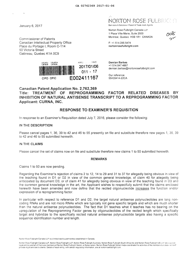Document de brevet canadien 2762369. Modification 20170106. Image 1 de 27