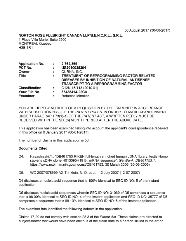 Document de brevet canadien 2762369. Demande d'examen 20170830. Image 1 de 7