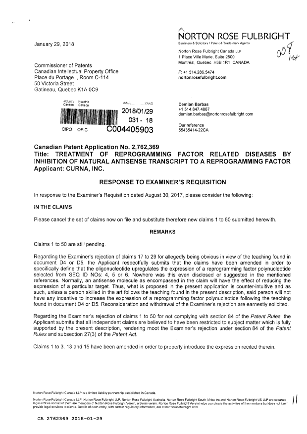 Document de brevet canadien 2762369. Modification 20180129. Image 1 de 11