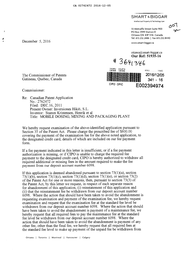 Document de brevet canadien 2762472. Requête d'examen 20161205. Image 1 de 2
