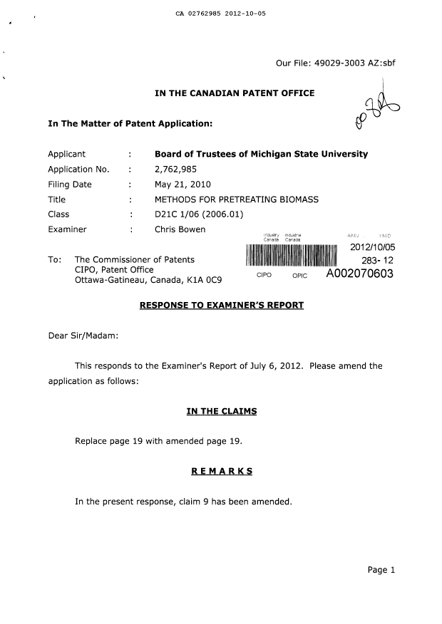 Canadian Patent Document 2762985. Prosecution-Amendment 20111205. Image 1 of 4