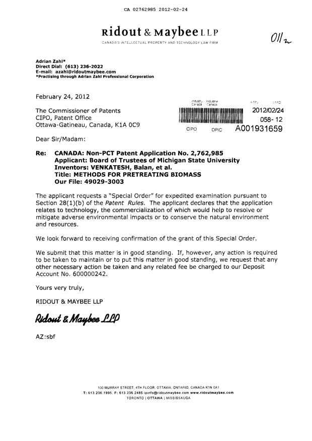 Canadian Patent Document 2762985. Prosecution-Amendment 20111224. Image 1 of 1