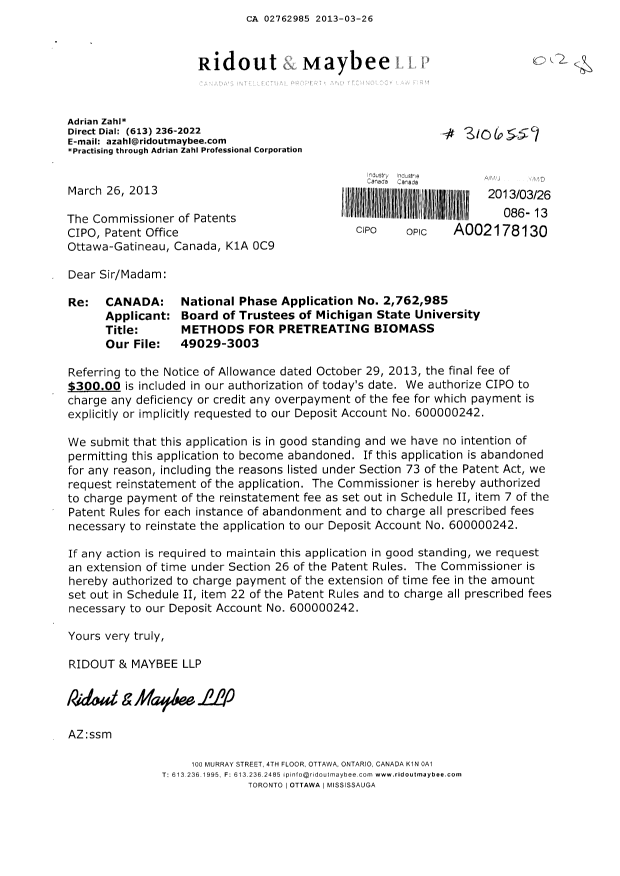 Canadian Patent Document 2762985. Correspondence 20121226. Image 1 of 1
