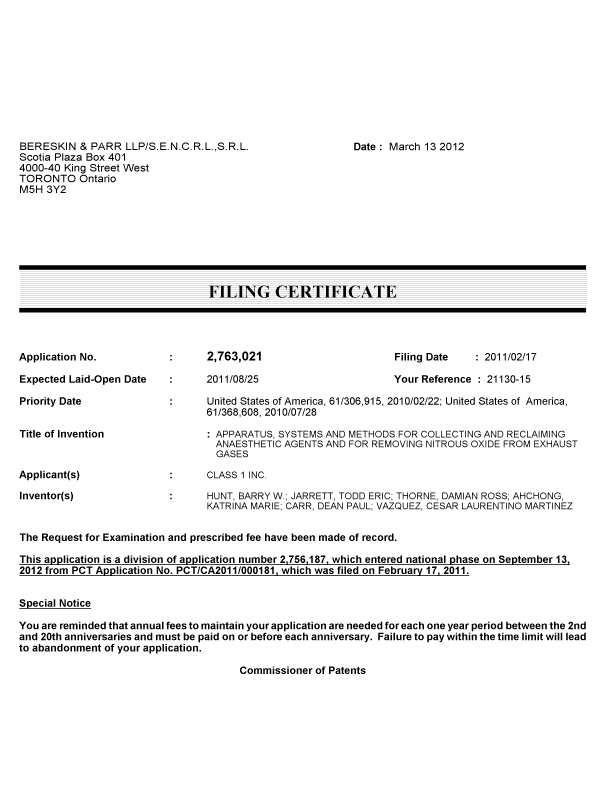 Document de brevet canadien 2763021. Correspondance 20111212. Image 1 de 1
