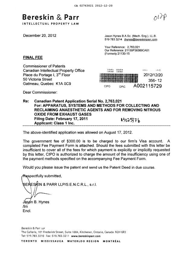 Canadian Patent Document 2763021. Correspondence 20121220. Image 1 of 1