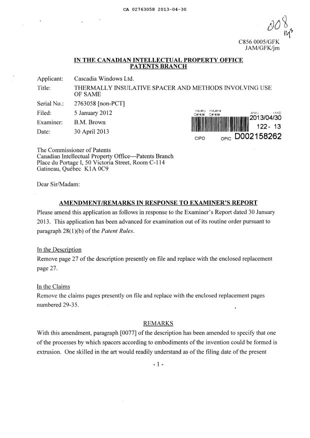 Document de brevet canadien 2763058. Poursuite-Amendment 20121230. Image 1 de 20