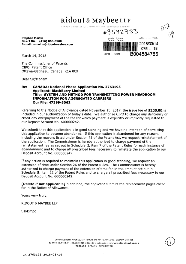Canadian Patent Document 2763195. Final Fee 20180314. Image 1 of 1
