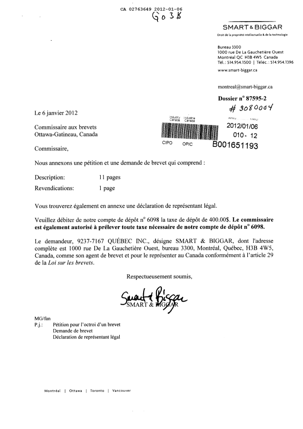 Document de brevet canadien 2763649. Cession 20120106. Image 1 de 3