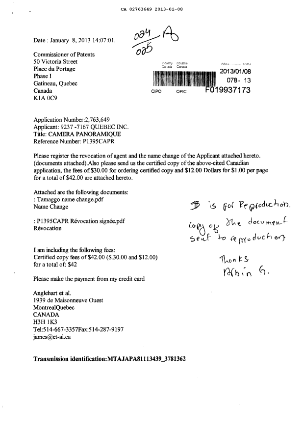 Document de brevet canadien 2763649. Cession 20130108. Image 1 de 4