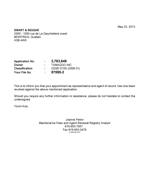 Document de brevet canadien 2763649. Correspondance 20130523. Image 1 de 1