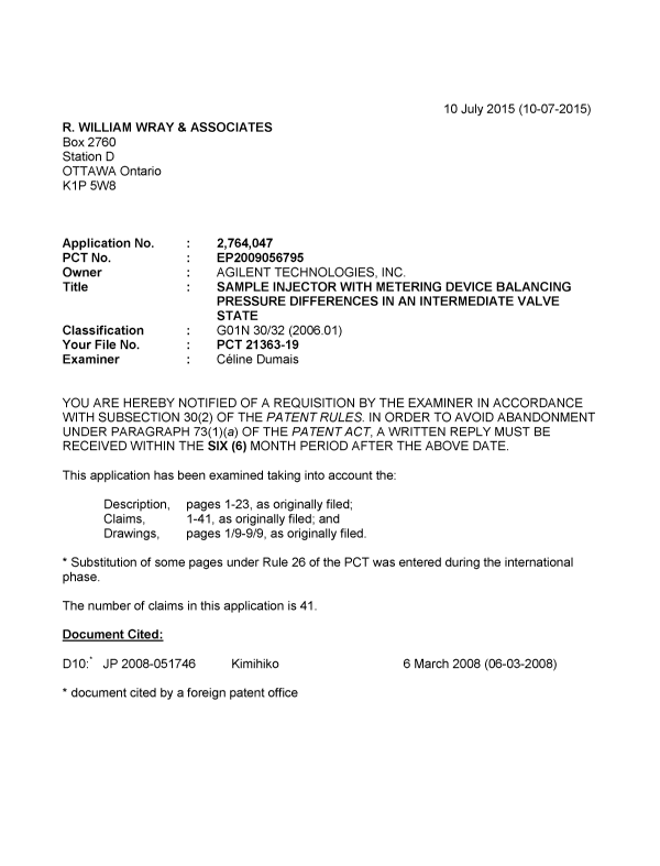 Document de brevet canadien 2764047. Demande d'examen 20150710. Image 1 de 6