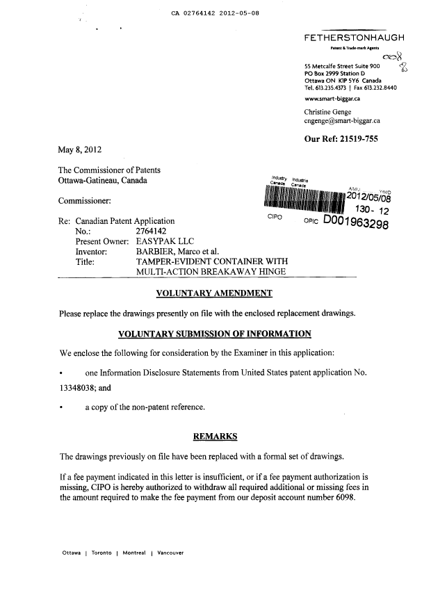 Canadian Patent Document 2764142. Prosecution-Amendment 20120508. Image 1 of 25
