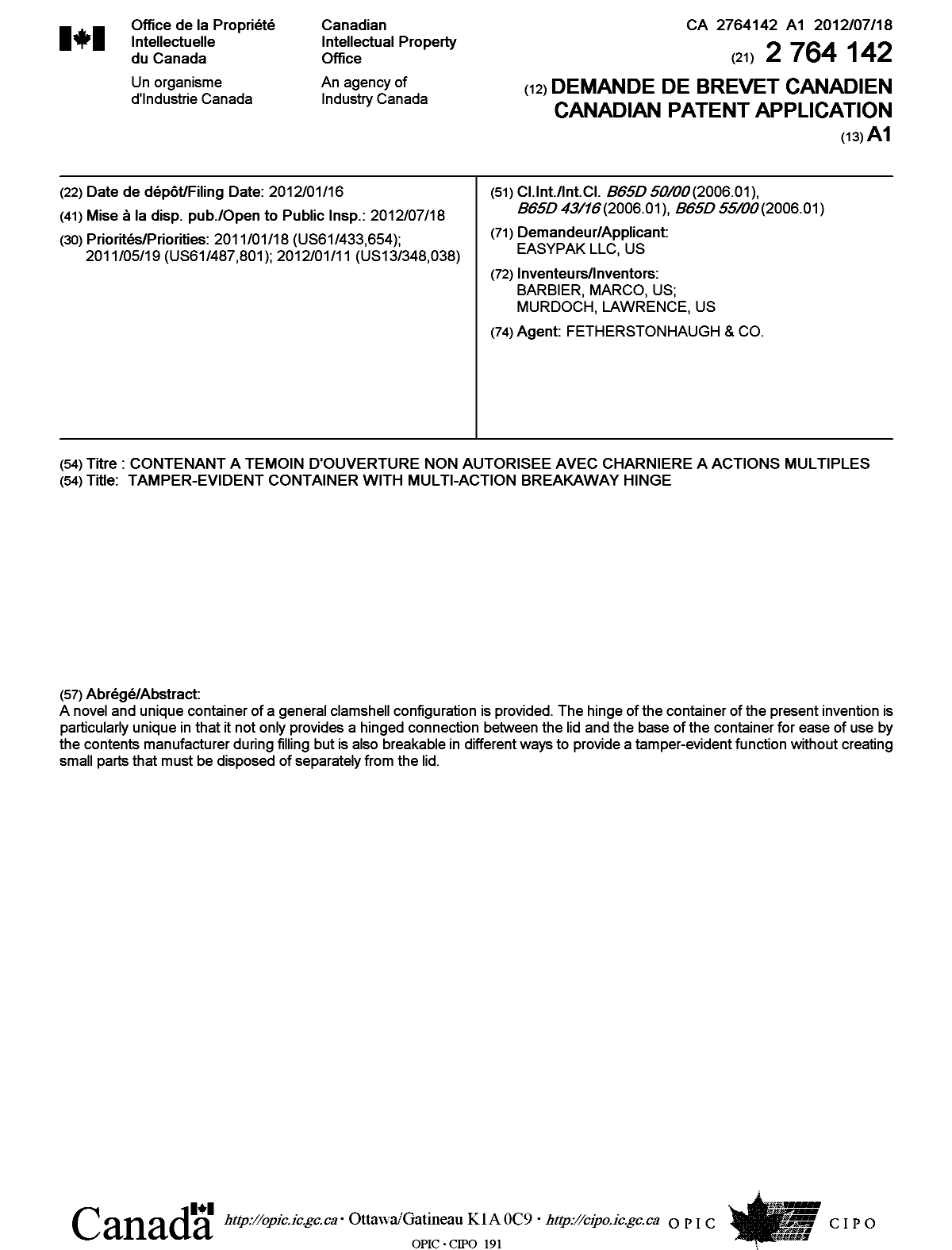 Canadian Patent Document 2764142. Cover Page 20120711. Image 1 of 1