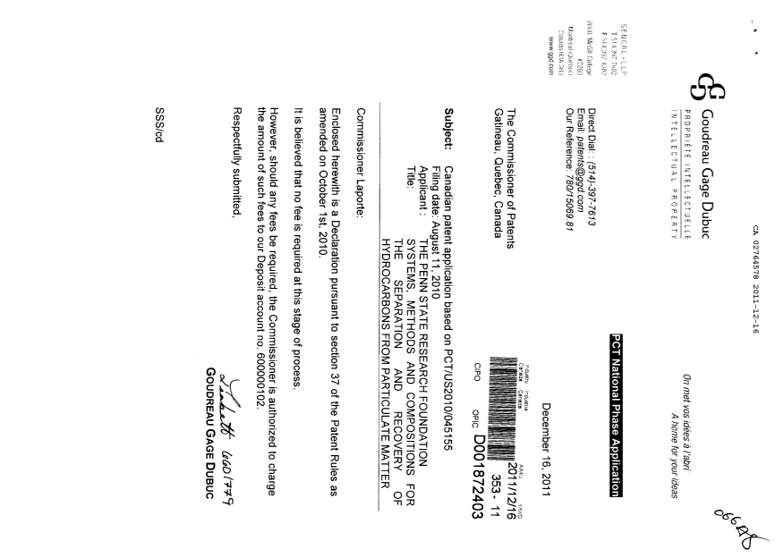 Document de brevet canadien 2764578. Correspondance 20101216. Image 1 de 2