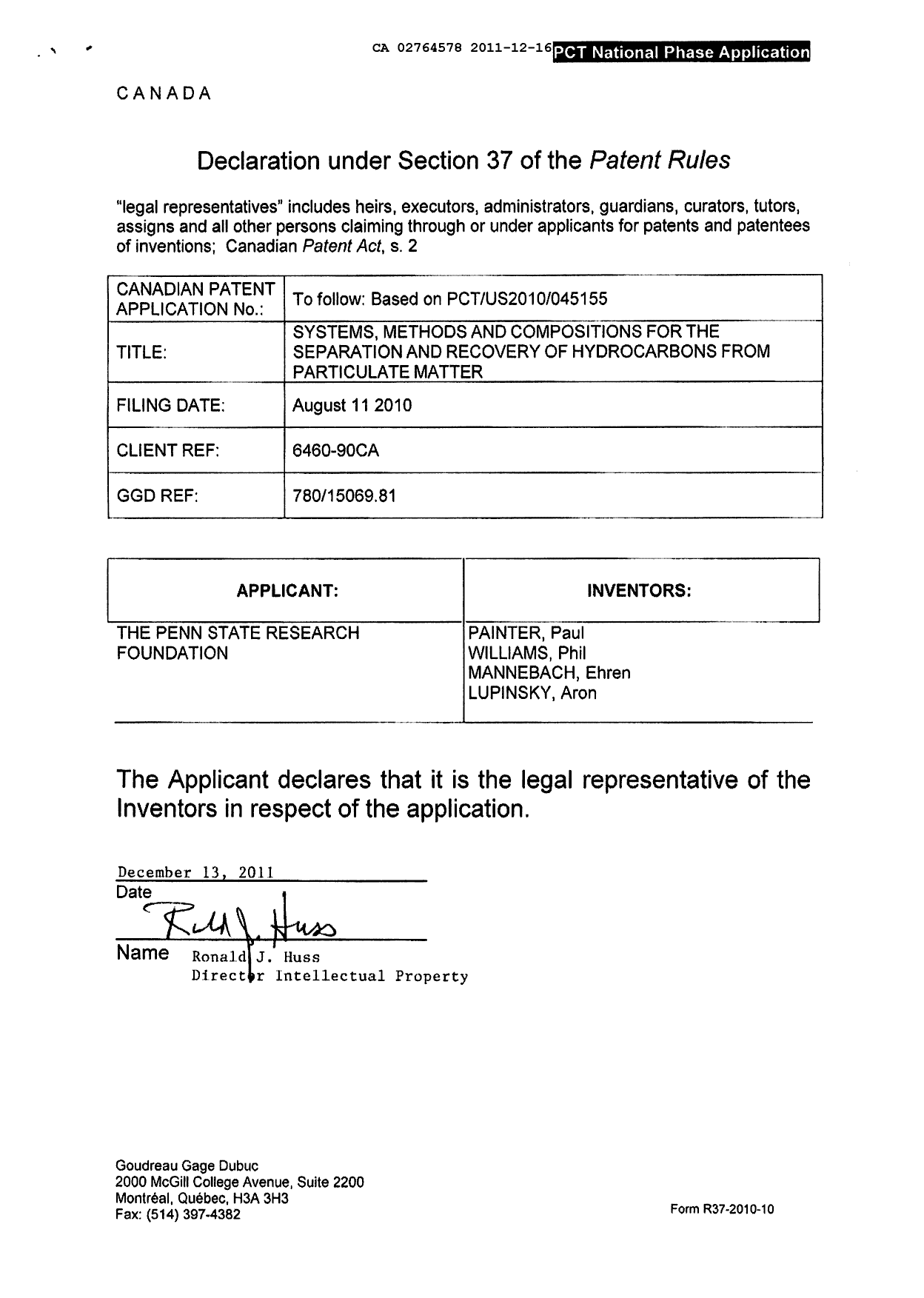Document de brevet canadien 2764578. Correspondance 20101216. Image 2 de 2