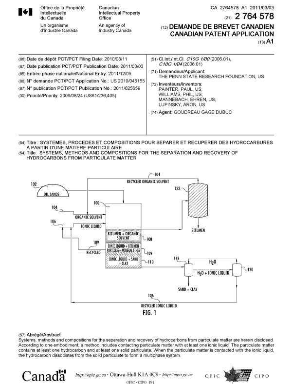 Document de brevet canadien 2764578. Page couverture 20111215. Image 1 de 1