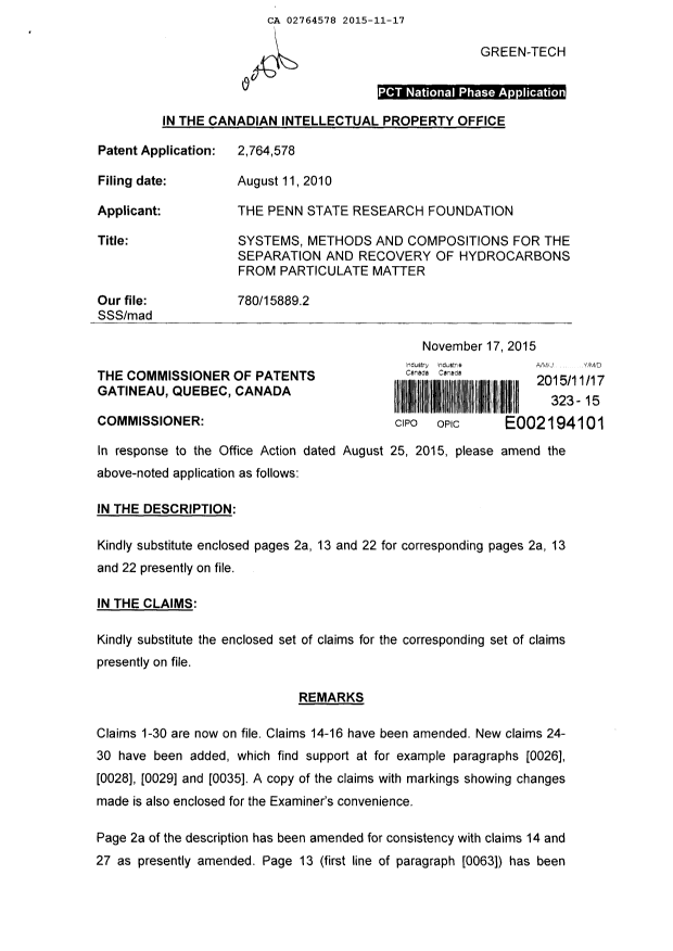 Canadian Patent Document 2764578. Prosecution-Amendment 20141217. Image 1 of 15