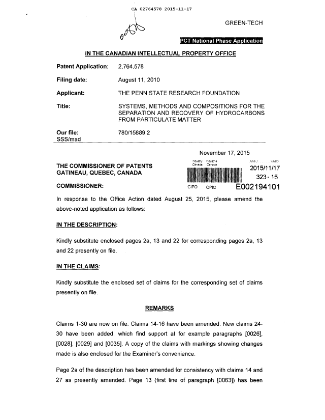 Canadian Patent Document 2764578. Prosecution Correspondence 20151117. Image 1 of 14