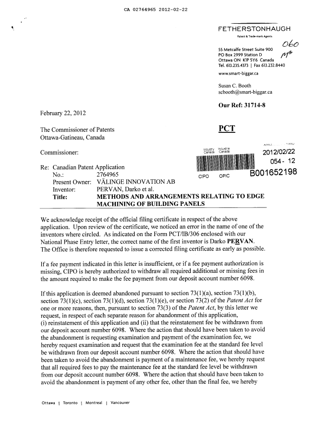 Document de brevet canadien 2764965. Correspondance 20120222. Image 1 de 3