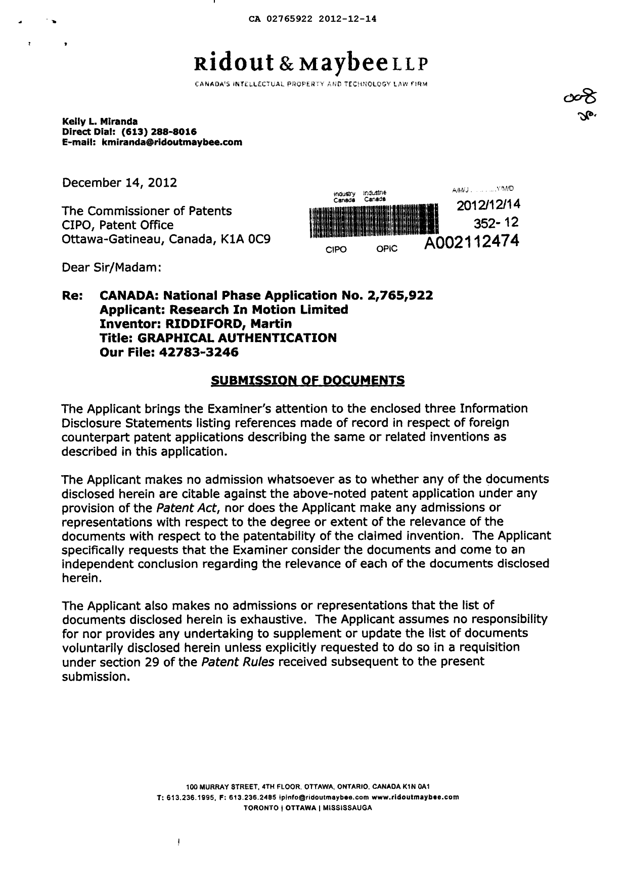 Canadian Patent Document 2765922. Prosecution-Amendment 20111214. Image 1 of 2