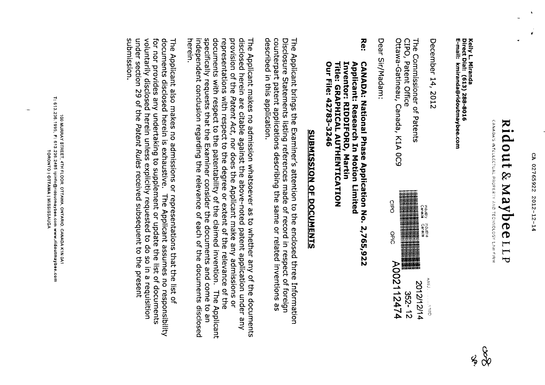 Canadian Patent Document 2765922. Prosecution-Amendment 20111214. Image 1 of 2
