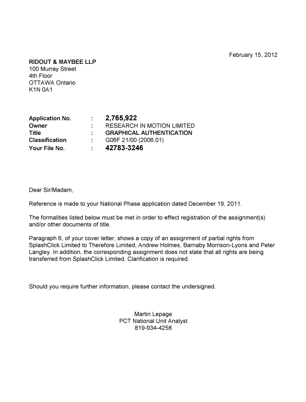 Canadian Patent Document 2765922. Correspondence 20111215. Image 1 of 1