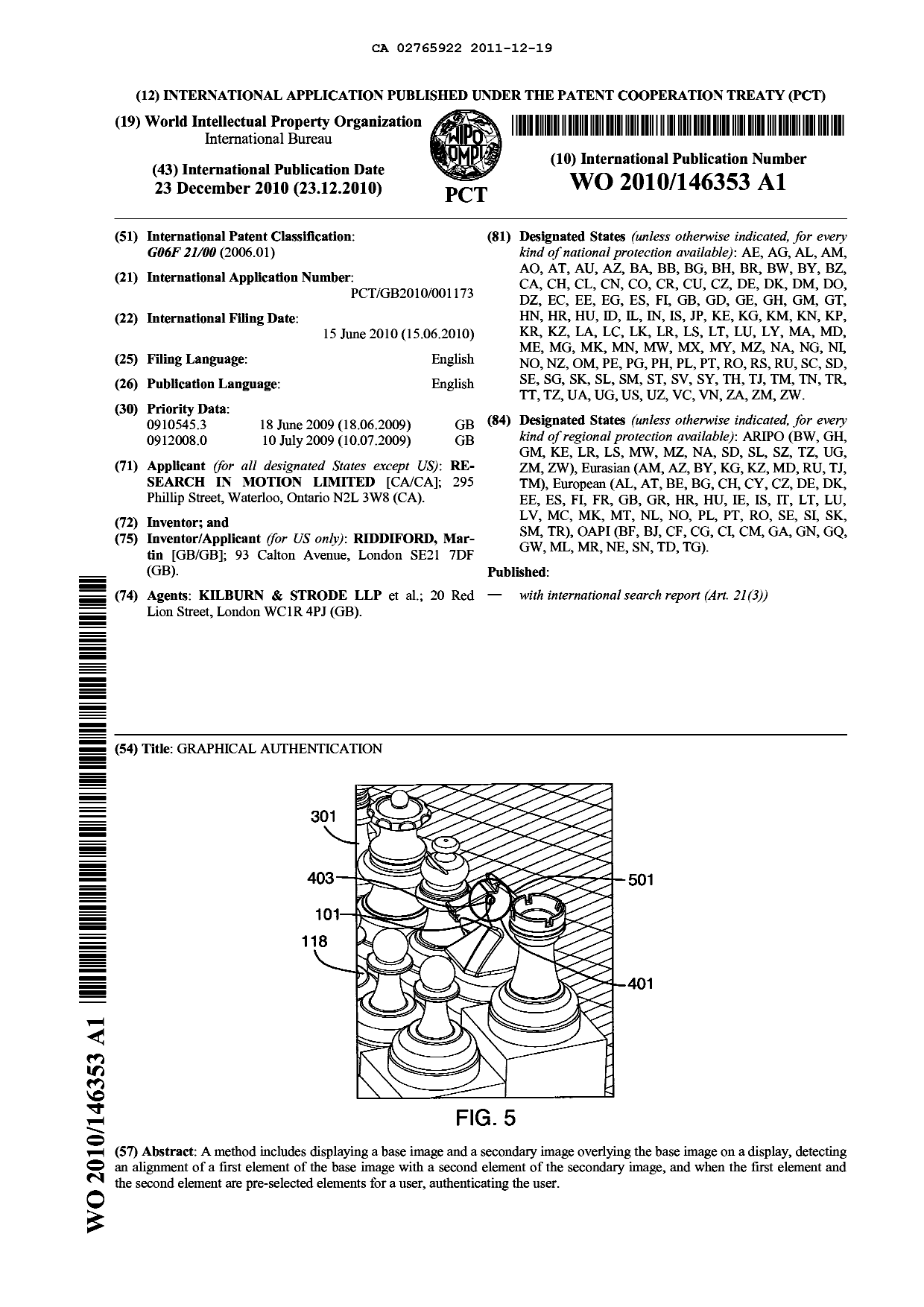 Document de brevet canadien 2765922. Abrégé 20111219. Image 1 de 1