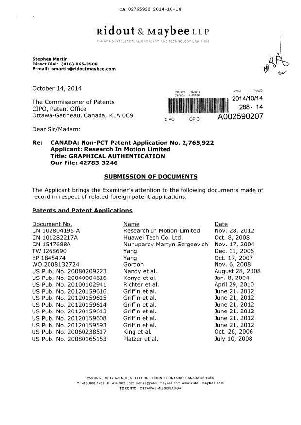 Canadian Patent Document 2765922. Prosecution-Amendment 20131214. Image 1 of 3