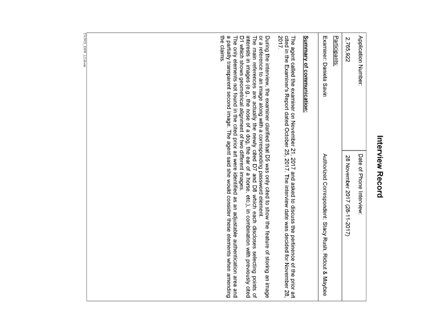 Document de brevet canadien 2765922. Note d'entrevue avec page couverture enregistrée 20171201. Image 1 de 1
