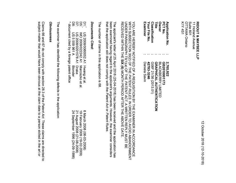 Document de brevet canadien 2765922. Demande d'examen 20181012. Image 1 de 4