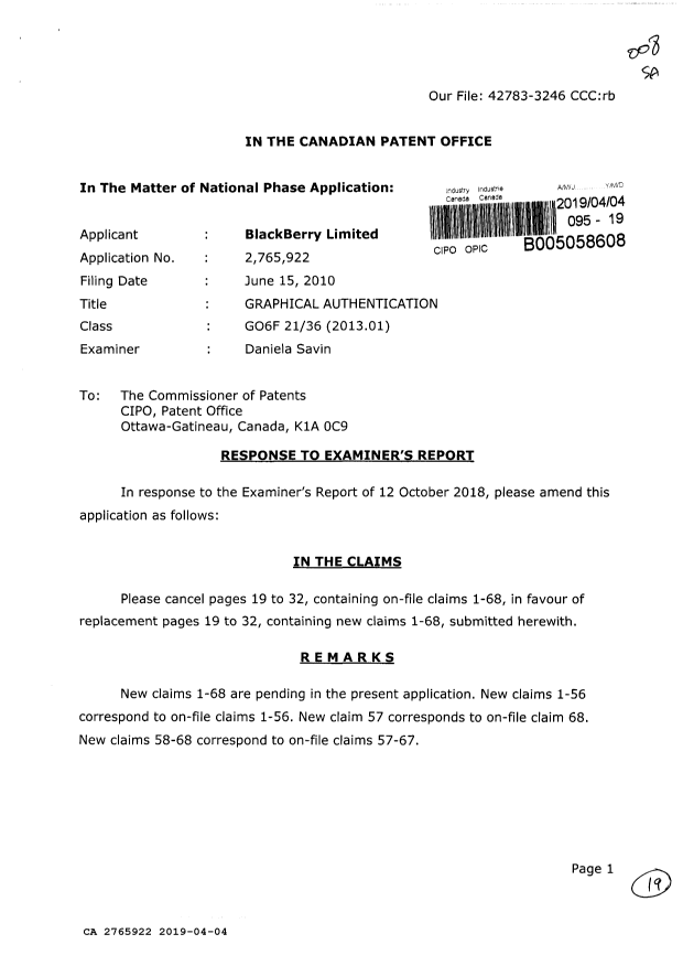 Canadian Patent Document 2765922. Prosecution-Amendment 20181204. Image 1 of 19