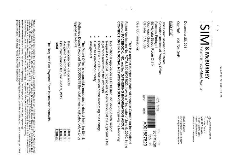 Canadian Patent Document 2766132. Assignment 20111220. Image 1 of 9