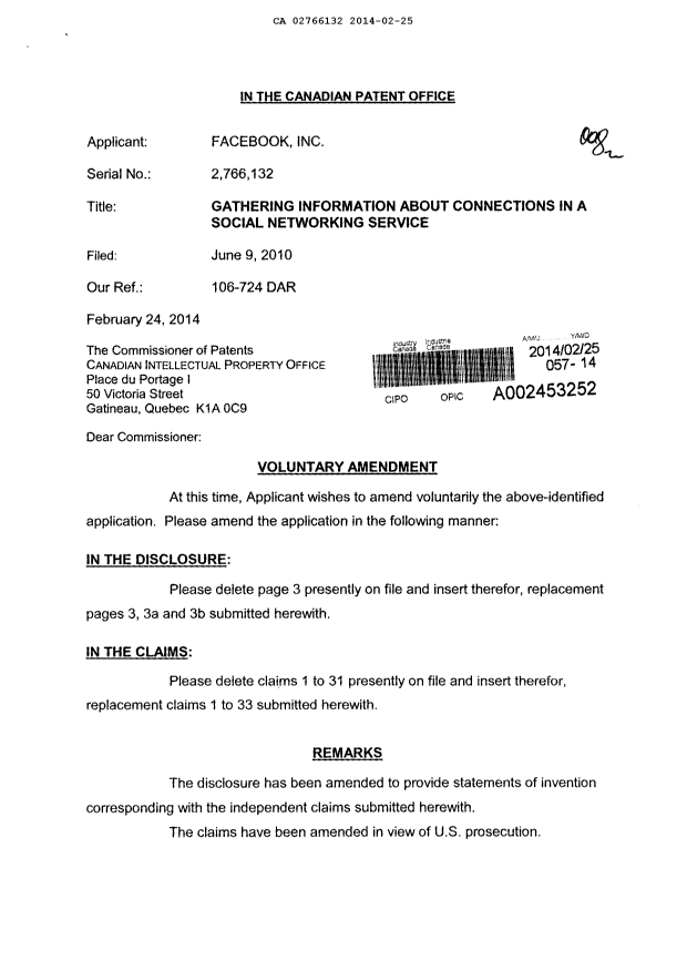 Canadian Patent Document 2766132. Prosecution-Amendment 20140225. Image 1 of 11