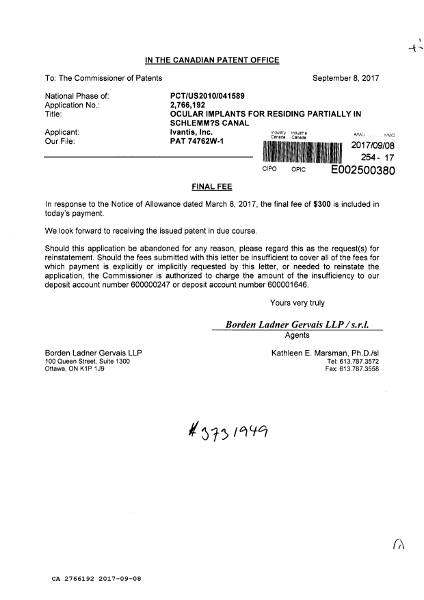 Document de brevet canadien 2766192. Taxe finale 20170908. Image 1 de 1
