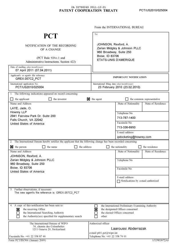 Document de brevet canadien 2766249. PCT 20101221. Image 1 de 11