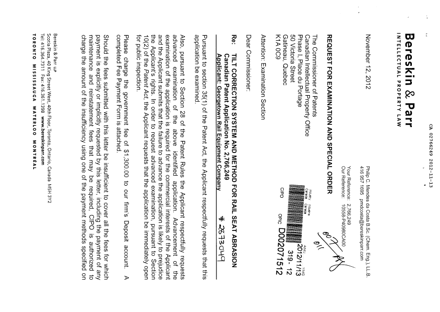Canadian Patent Document 2766249. Prosecution-Amendment 20111213. Image 1 of 8