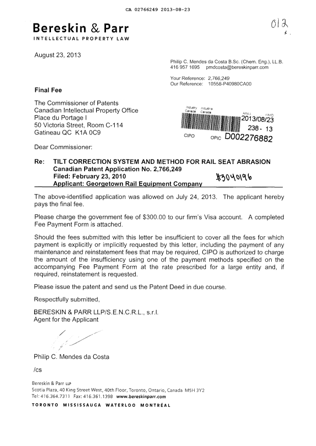 Document de brevet canadien 2766249. Correspondance 20121223. Image 1 de 1
