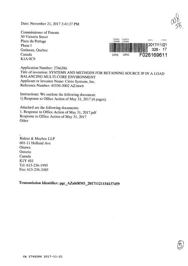Document de brevet canadien 2766286. Modification 20171121. Image 1 de 5