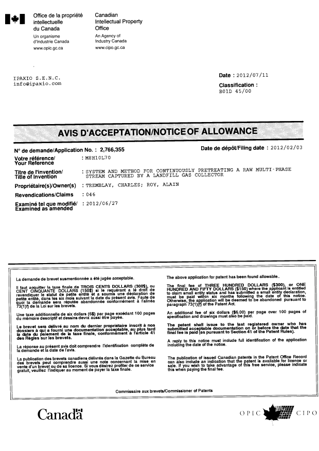 Document de brevet canadien 2766355. Correspondance 20111211. Image 1 de 1
