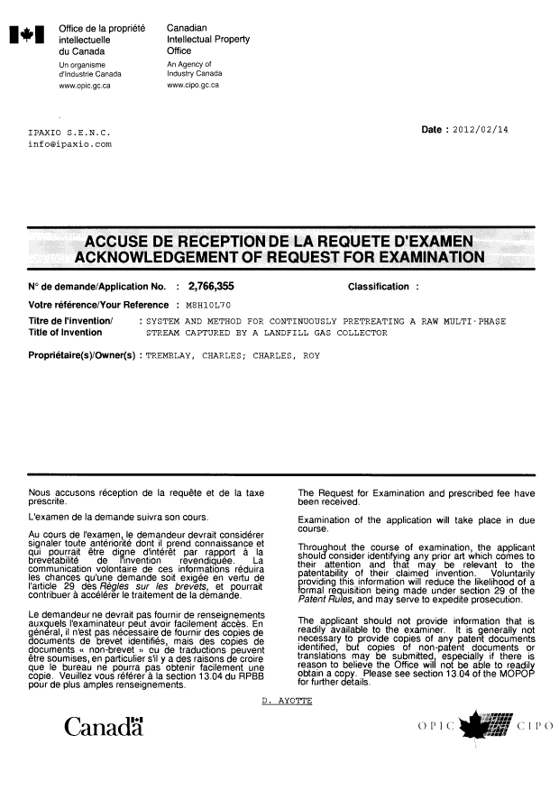 Canadian Patent Document 2766355. Correspondence 20111214. Image 1 of 1