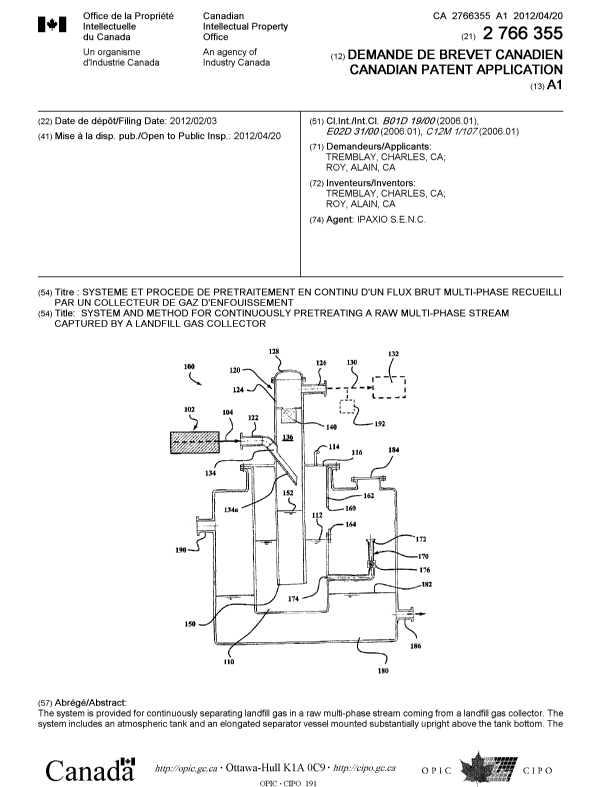 Document de brevet canadien 2766355. Page couverture 20111218. Image 1 de 2