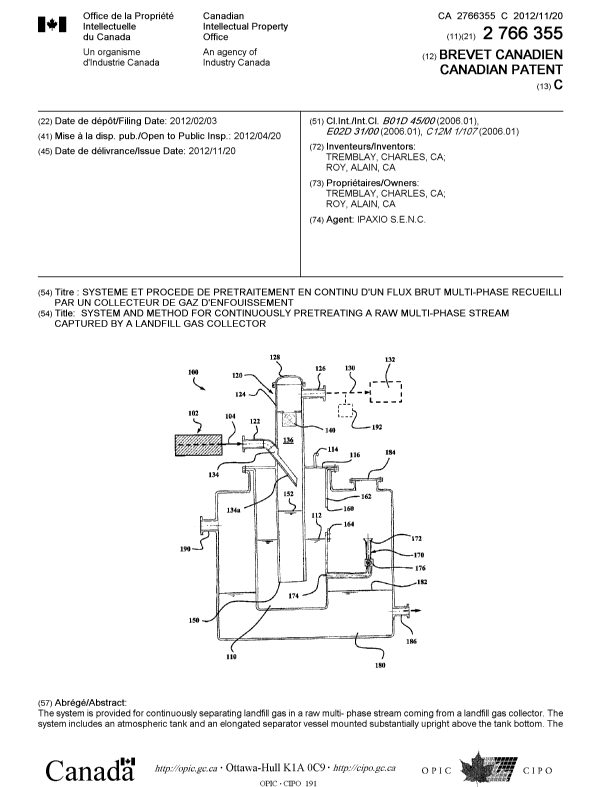 Document de brevet canadien 2766355. Page couverture 20111225. Image 1 de 2