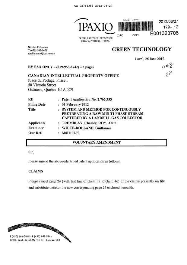 Document de brevet canadien 2766355. Poursuite-Amendment 20111227. Image 1 de 3