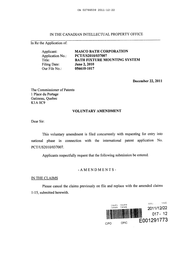 Canadian Patent Document 2766539. Prosecution-Amendment 20111222. Image 1 of 4