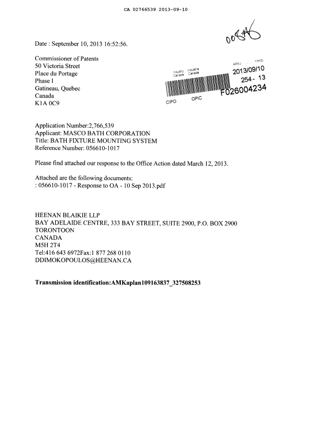 Canadian Patent Document 2766539. Prosecution-Amendment 20130910. Image 1 of 7