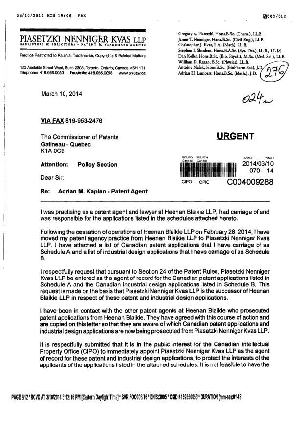 Canadian Patent Document 2766539. Correspondence 20140310. Image 1 of 12