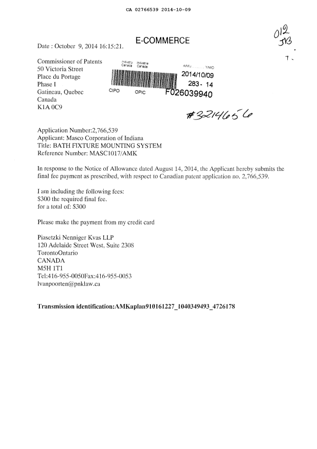 Canadian Patent Document 2766539. Correspondence 20141009. Image 1 of 1